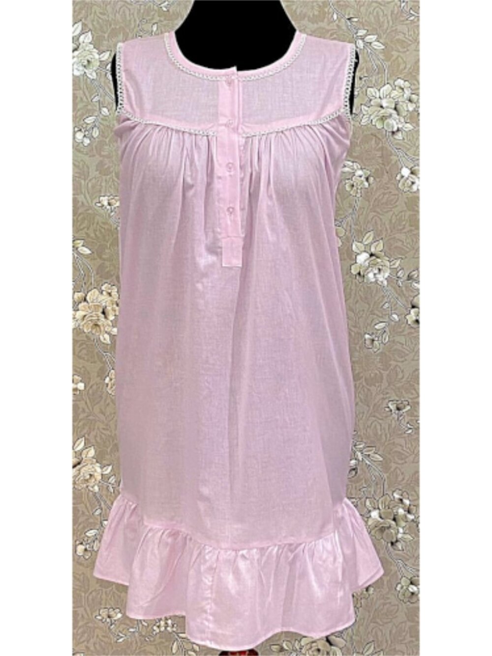 SoieRose 100% Cotton Pink Victorian Sleeveless Ruffle Hem Nightgown - SR-1150